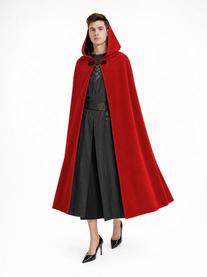 Red hooded cape with a flowing hem and front toggle, shown full-body on a model over a black costume
