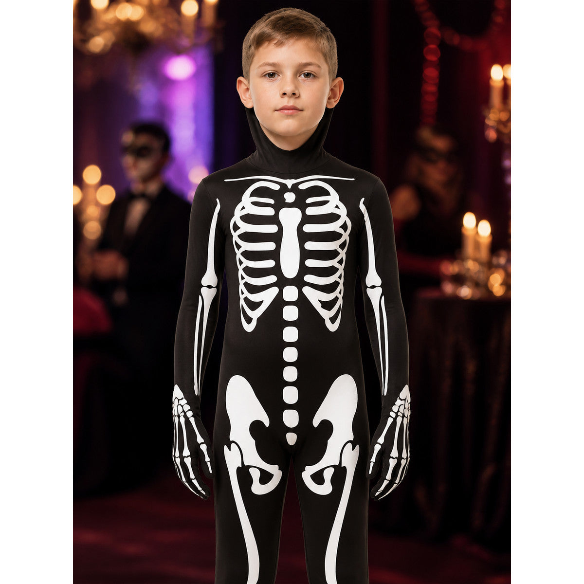 Hooded Skeleton Bodysuit Costume - Black and White Skeleton Print Halloween on-model view
