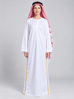 Costume with a red-and-white scarf and gold trim