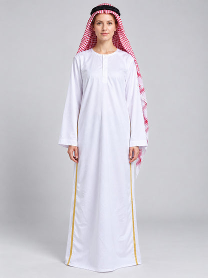 Costume with a red-and-white scarf and gold trim