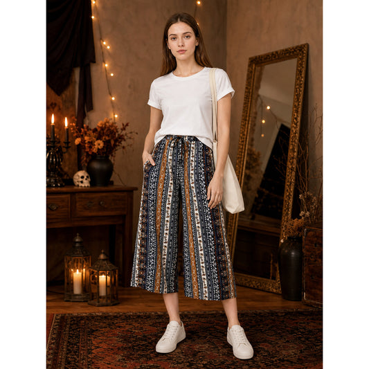 Bohemian High-Waist Wide-Leg Drawstring Pants with Multi-Color Vertical Stripes