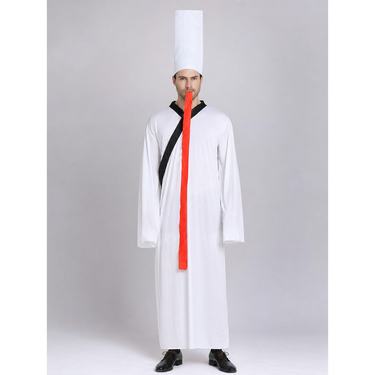 Chinese-style zombie costume with a white hat
