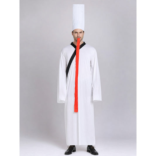 Chinese-style zombie costume with a white hat