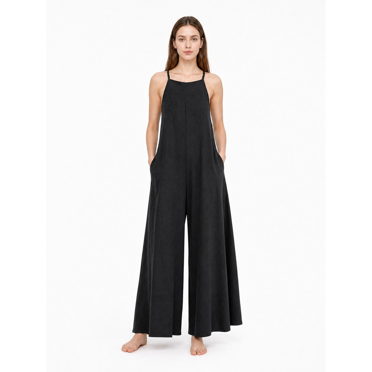 Loose Wide-Leg Black Cotton and Linen Overalls with Straps