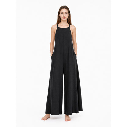 Loose Wide-Leg Black Cotton and Linen Overalls with Straps