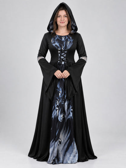 Long Black Hooded Carnival Dress with Lacing