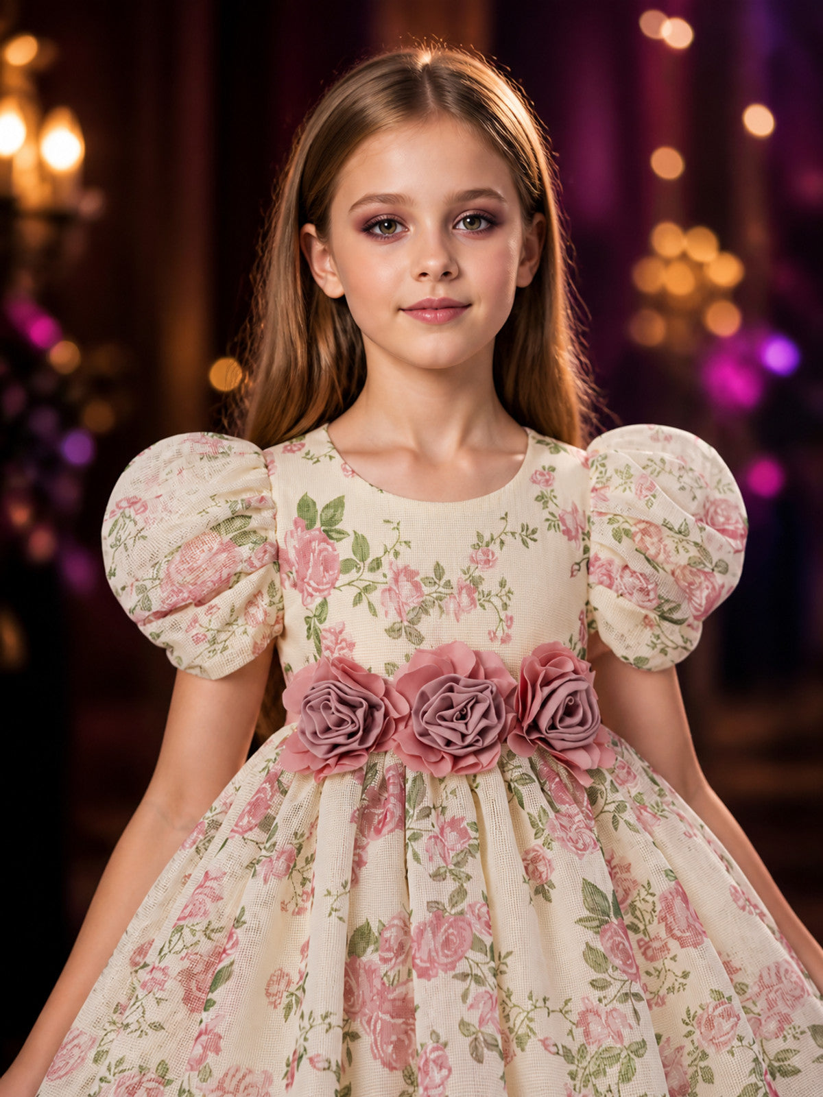 Baby Girls Floral Princess Dress, Puff Sleeves, 3D Flower Waist Detail on-model view