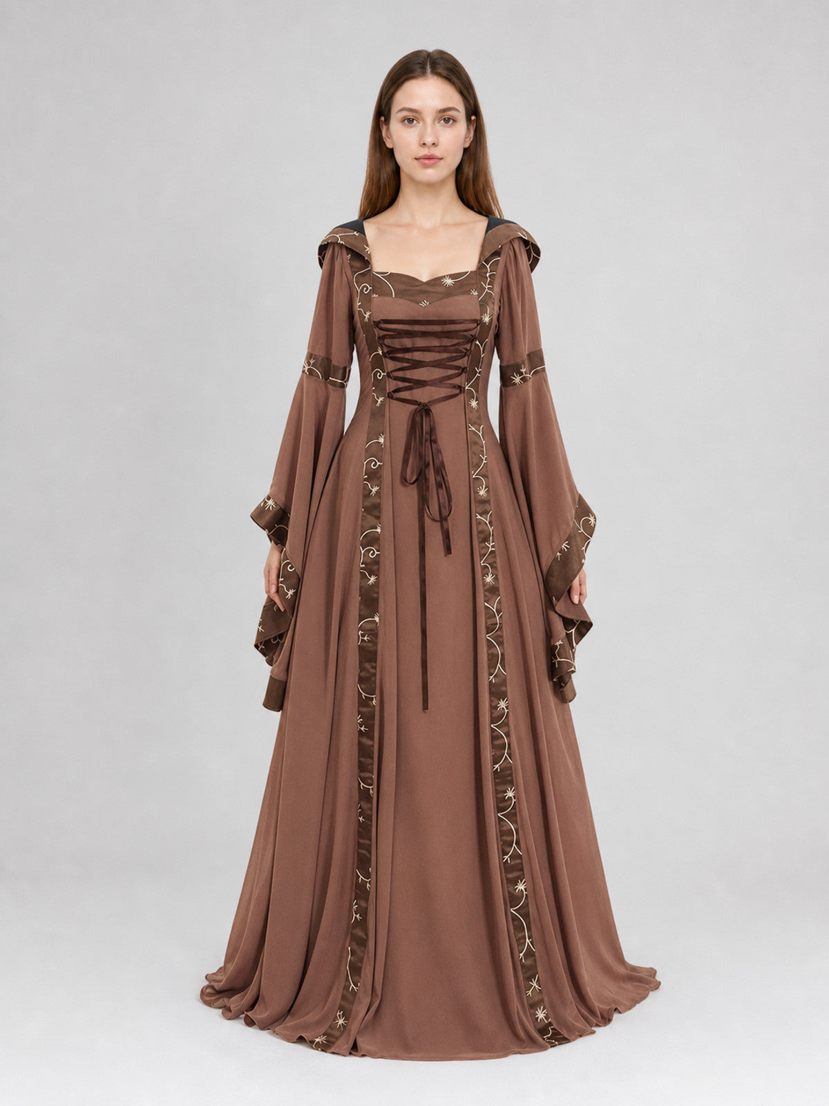Medieval Maxi Dress with Hood and Lace-Up Detail