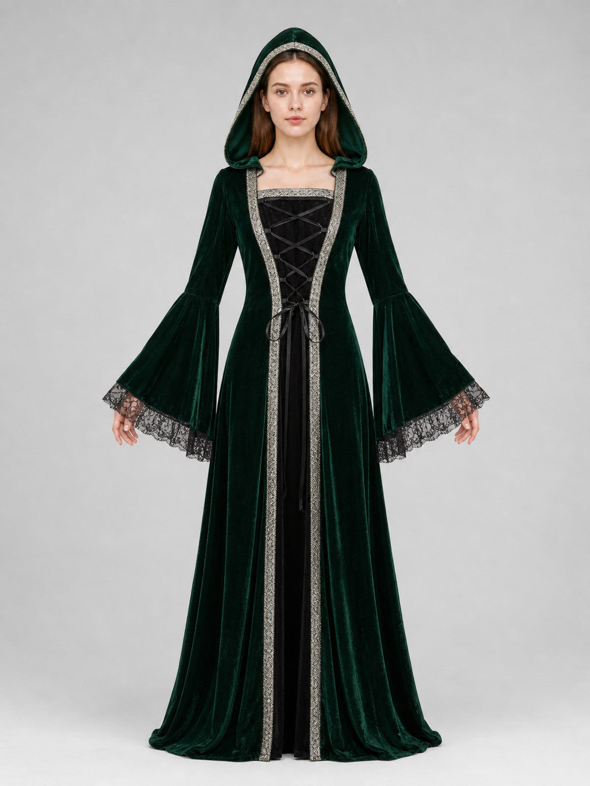 Gothic Hooded Dress in a Medieval Style front view