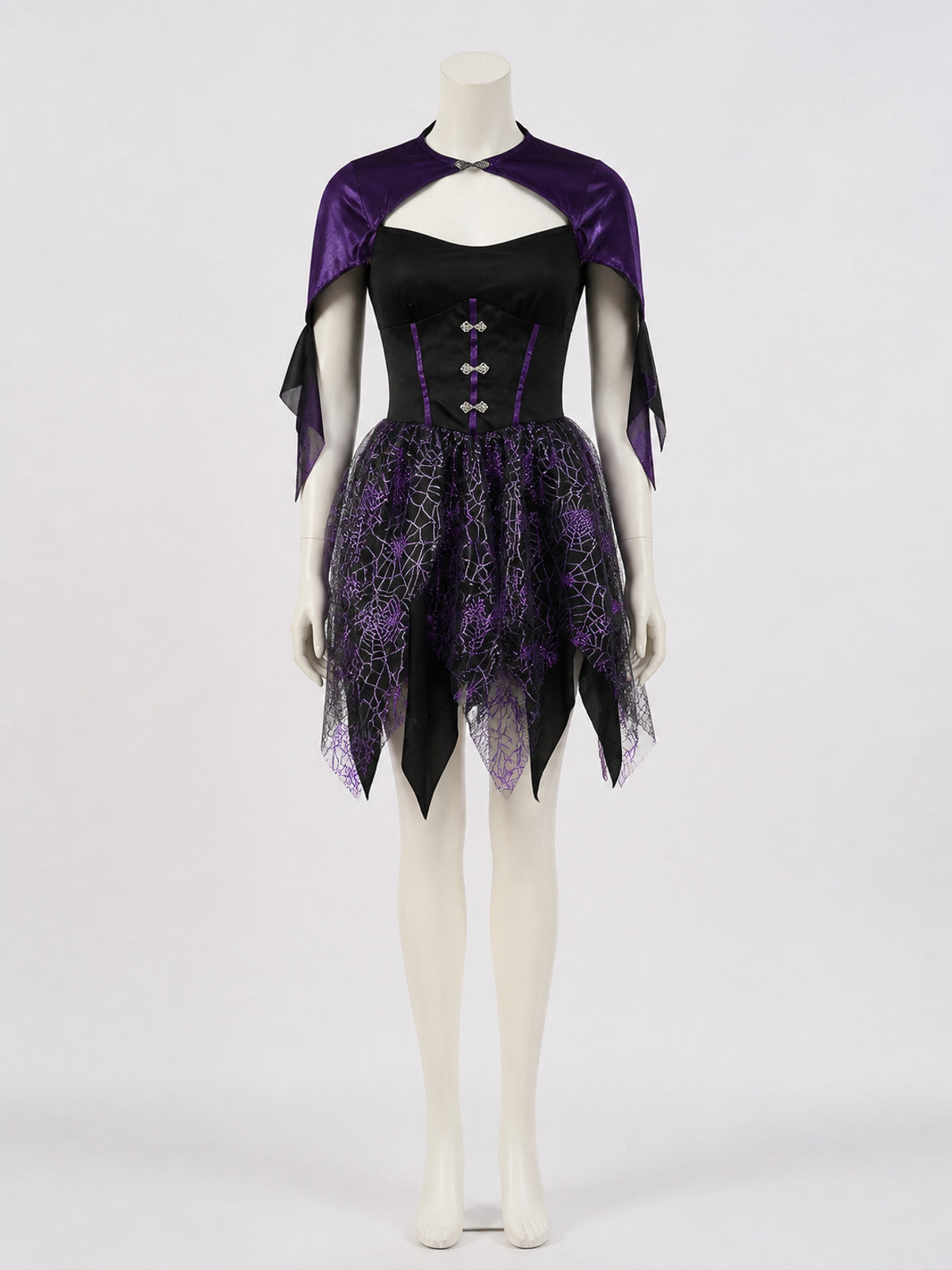 Black And Purple Witch Costume Dress With Spiderweb Print And Asymmetrical Hem on-model view