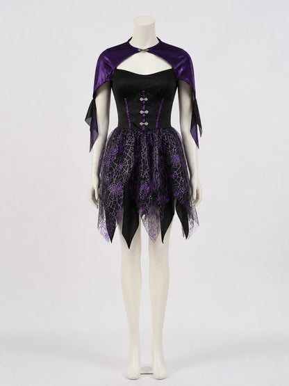 Black And Purple Witch Costume Dress With Spiderweb Print And Asymmetrical Hem on-model view