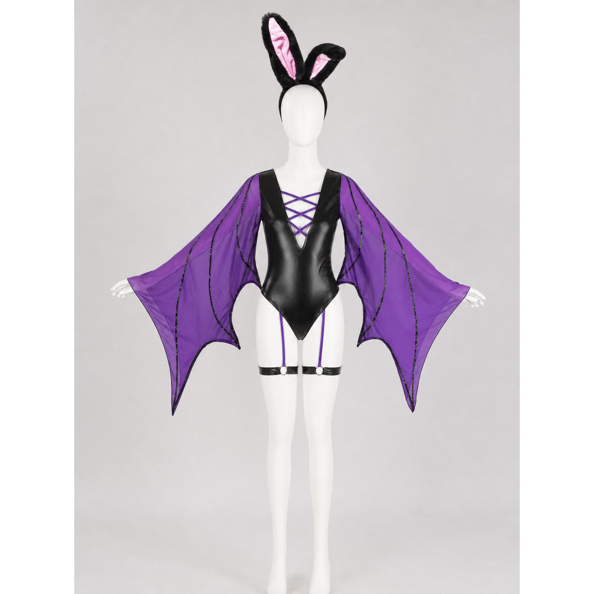 Bat Costume Cosplay — Black and Purple on-model view