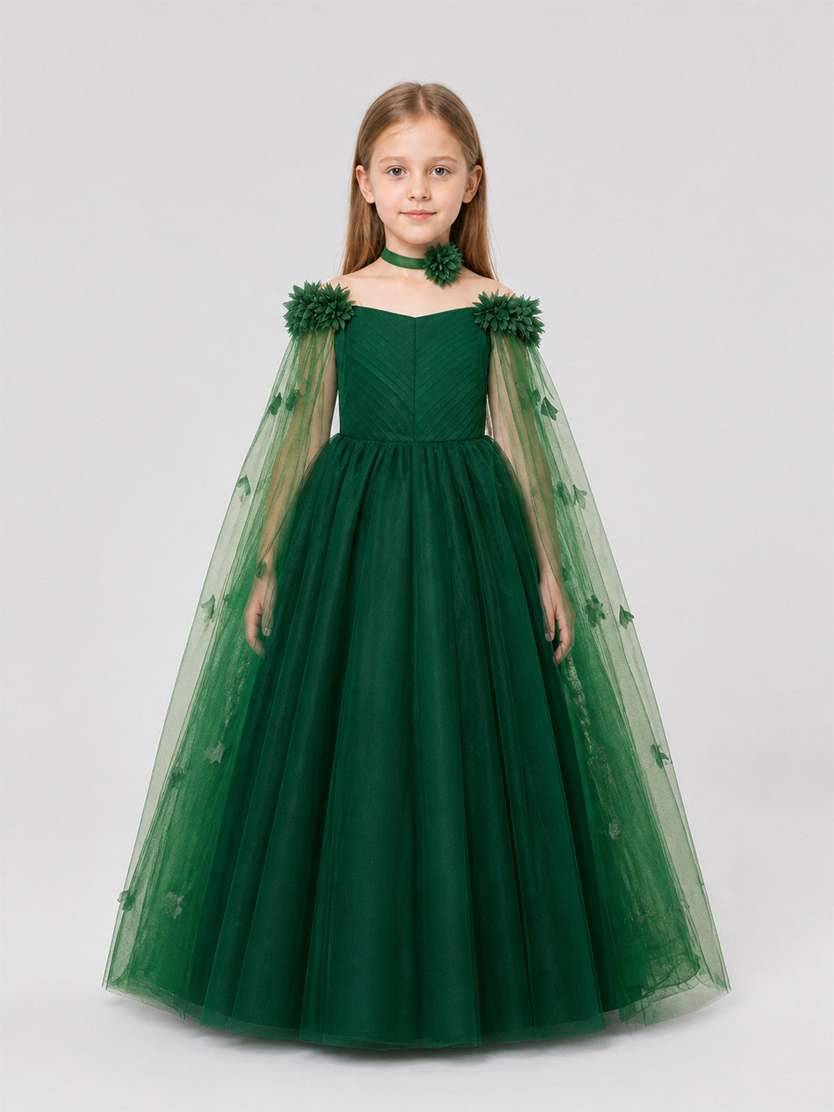 Dark Green Princess Party Dress with Flowers on-model view