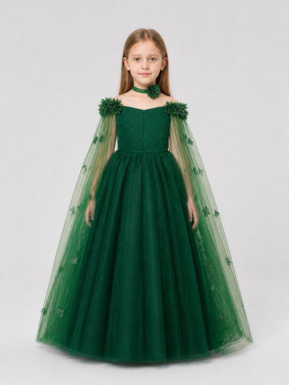 Dark Green Princess Party Dress with Flowers on-model view