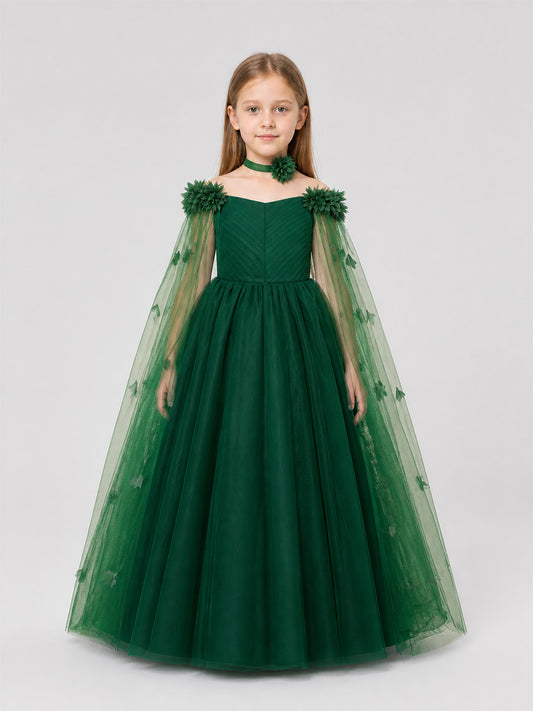 Dark Green Princess Party Dress with Flowers on-model view