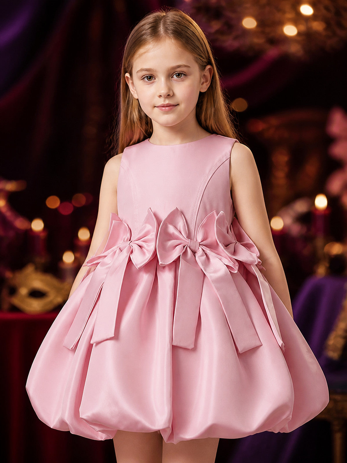 Girls' Pink Princess Dress, Sleeveless Puffy Skirt With Multiple Bow Details on-model view