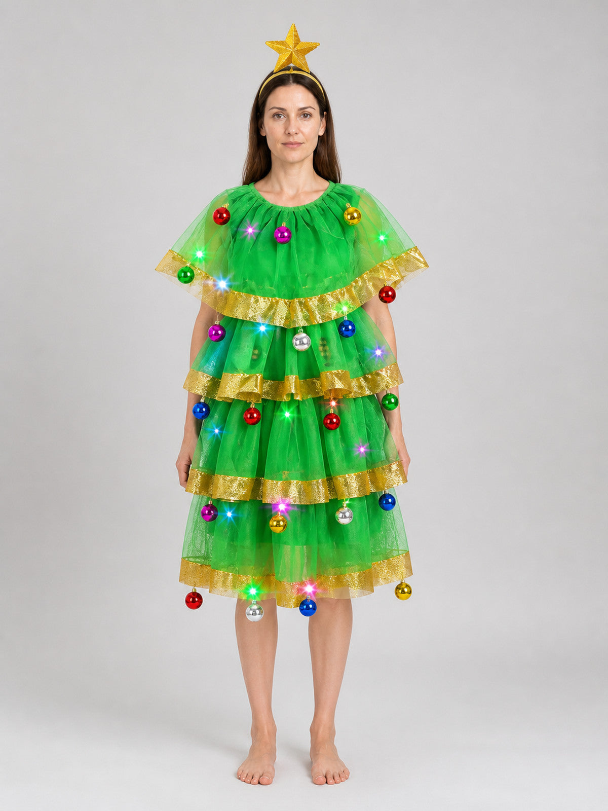 Christmas Tree Costume Dress with Headband and Gold Star on-model view