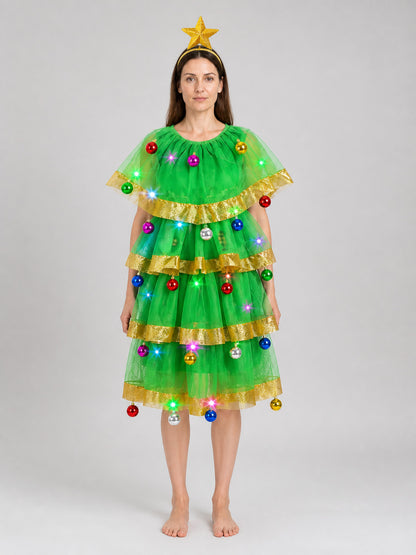 Christmas Tree Costume Dress with Headband and Gold Star on-model view