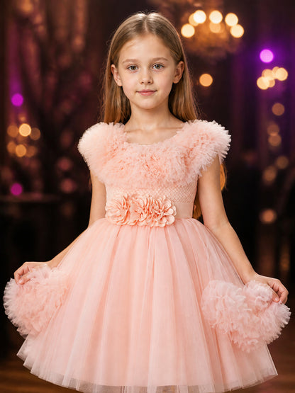 Girls' Pink Princess Dress, Sleeveless Layered Tulle Flower Girl Outfit With on-model view