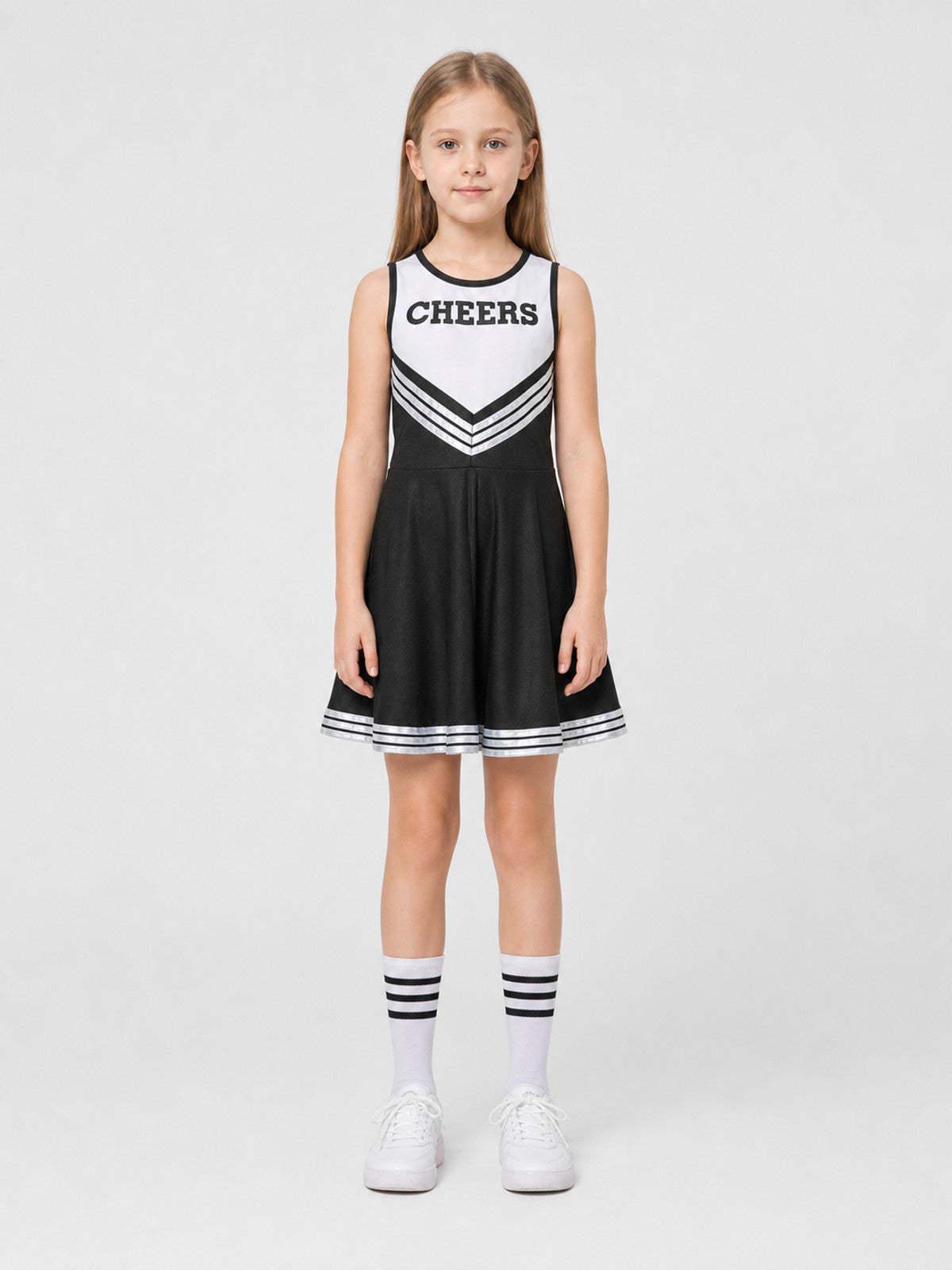 Children's Black and White Sleeveless Cheerleader Dress CHEERS on-model view