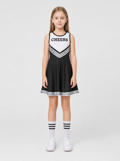 Children's Black and White Sleeveless Cheerleader Dress CHEERS on-model view