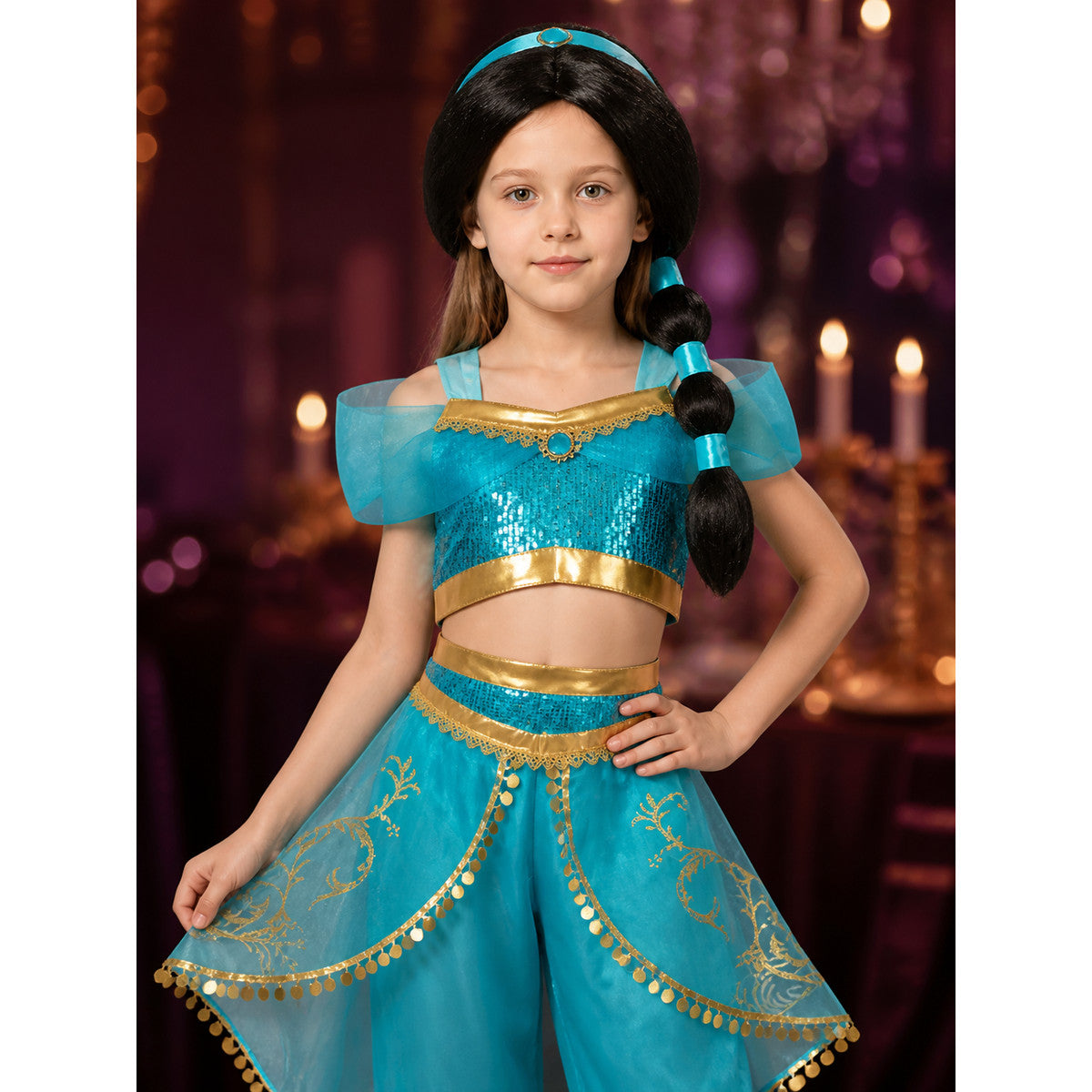 Girls' Arabian Princess Sequin Halloween Costume Set With Top, Pants And Wig on-model view