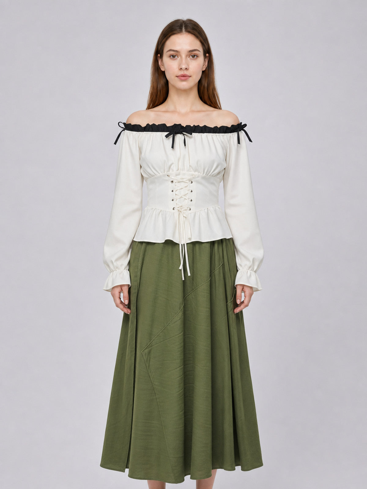 Off-the-Shoulder Blouse with Corset-Style Lacing front view