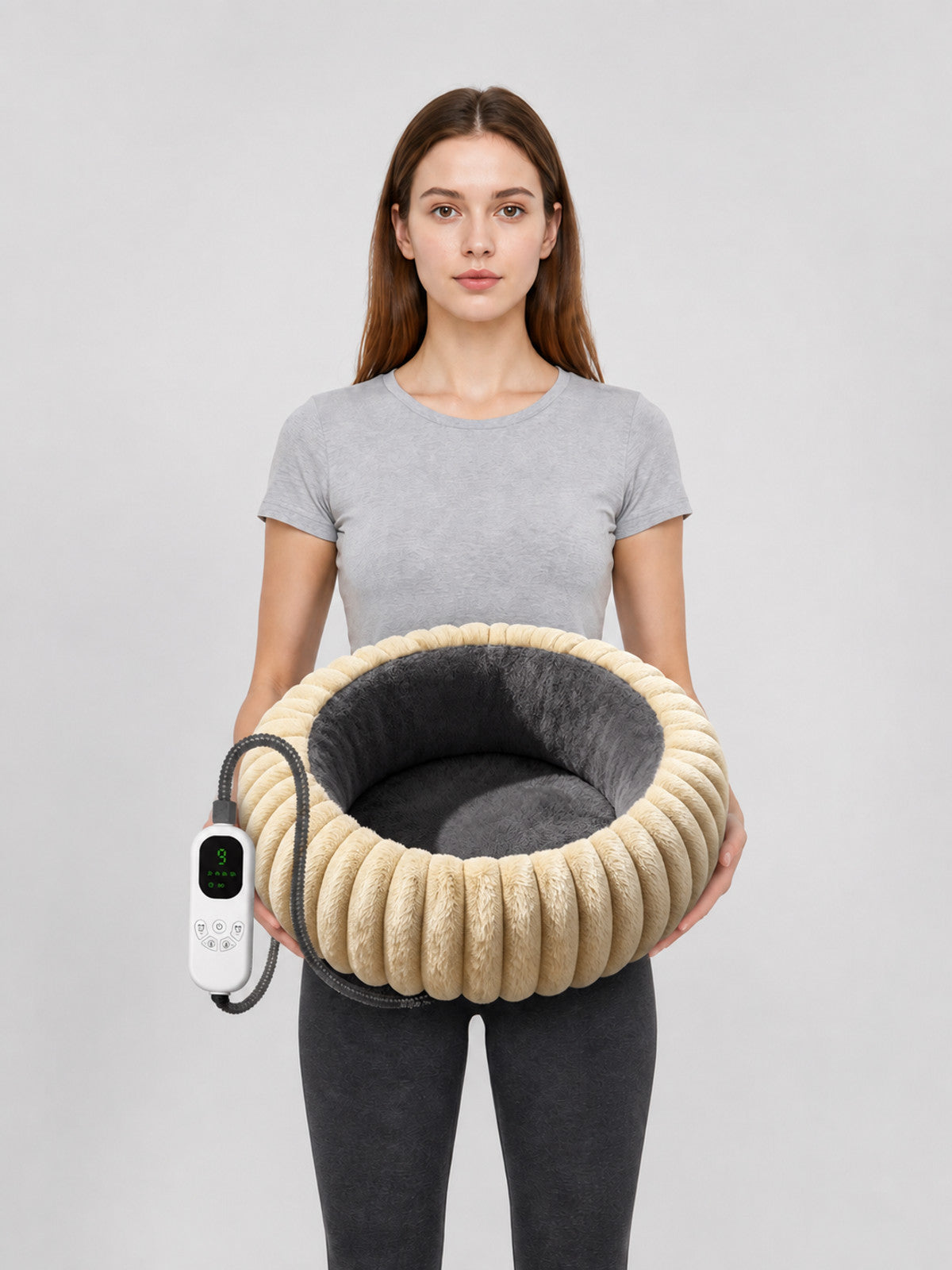 Round Heated Pet Bed on-model view