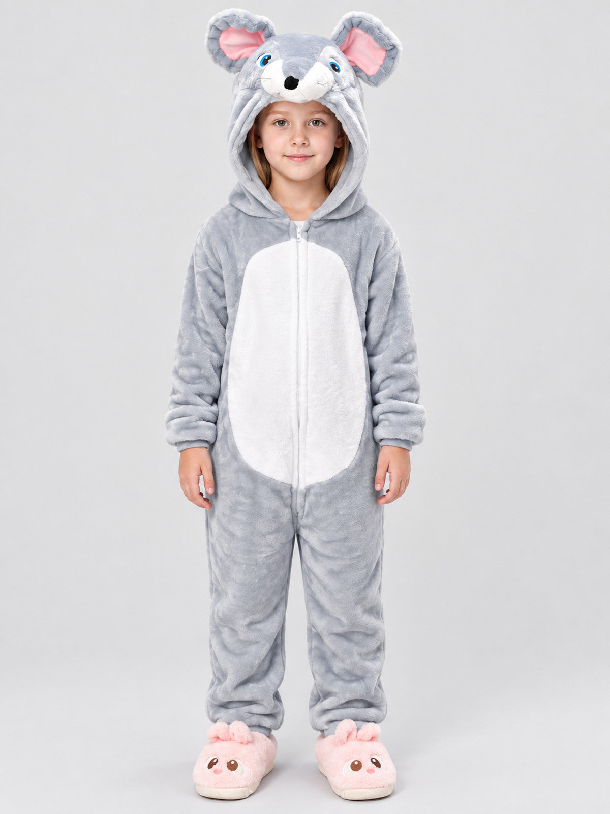 Gray Insulated Hooded Pajama Jumpsuit with Animal Face