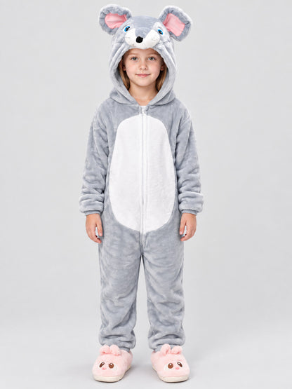 Gray Insulated Hooded Pajama Jumpsuit with Animal Face