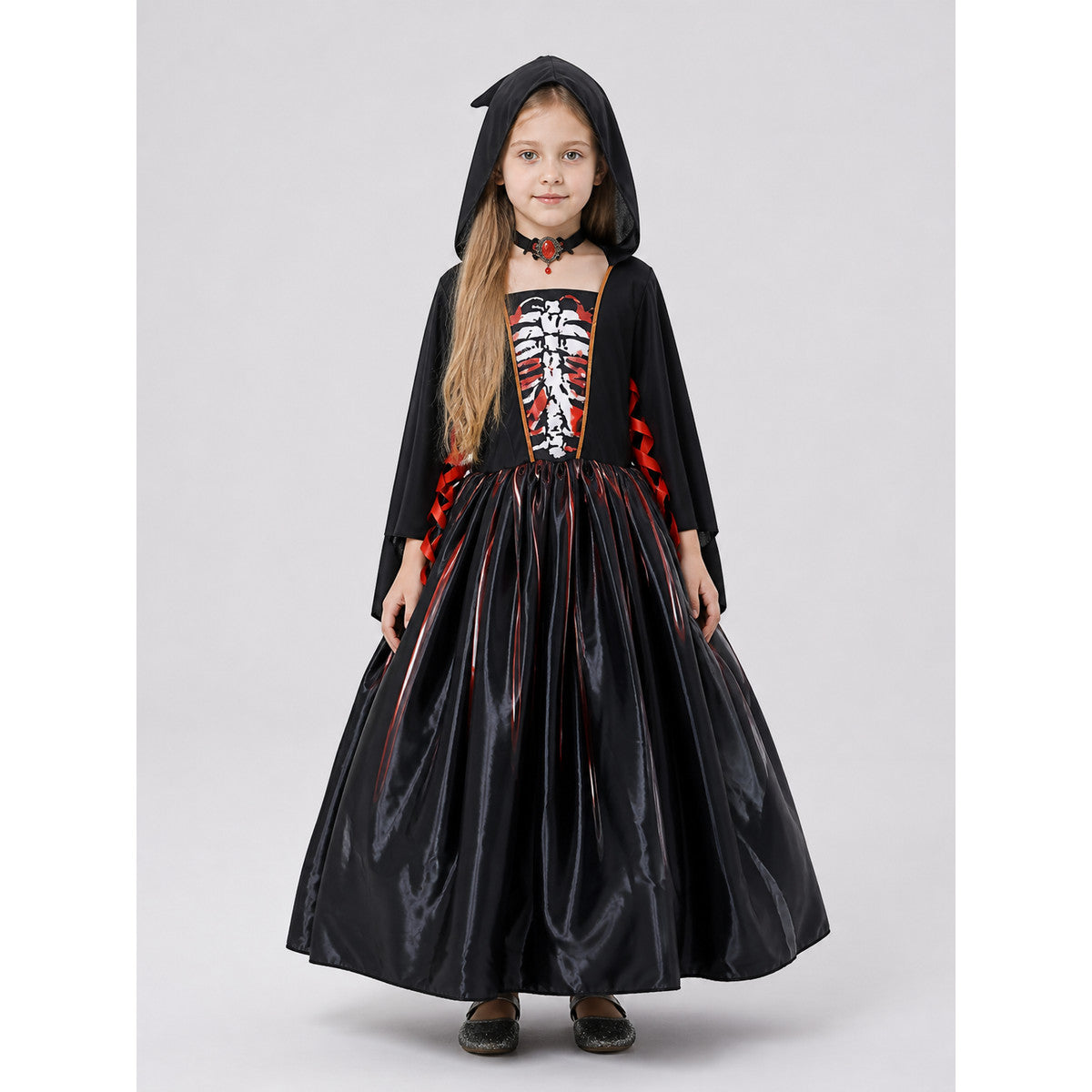 Girls' Halloween witch dress with red stripes on-model view