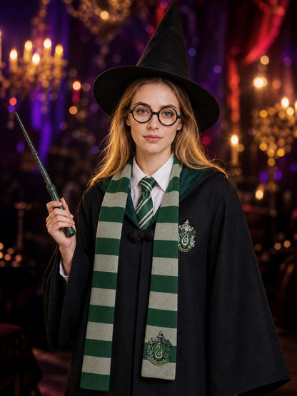 Black and Green Wizard Costume Set with Robe, Hat, Glasses, Wand, Scarf, Shirt