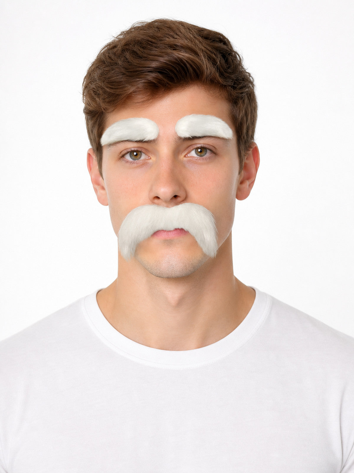 White furry false eyebrows and curved mustache shown on a front-facing model wearing a white shirt