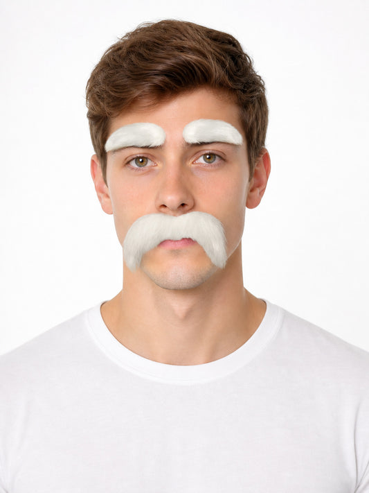 White furry false eyebrows and curved mustache shown on a front-facing model wearing a white shirt