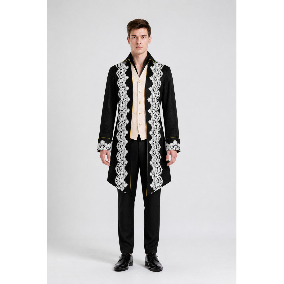 Longline tailcoat with lace and gold buttons