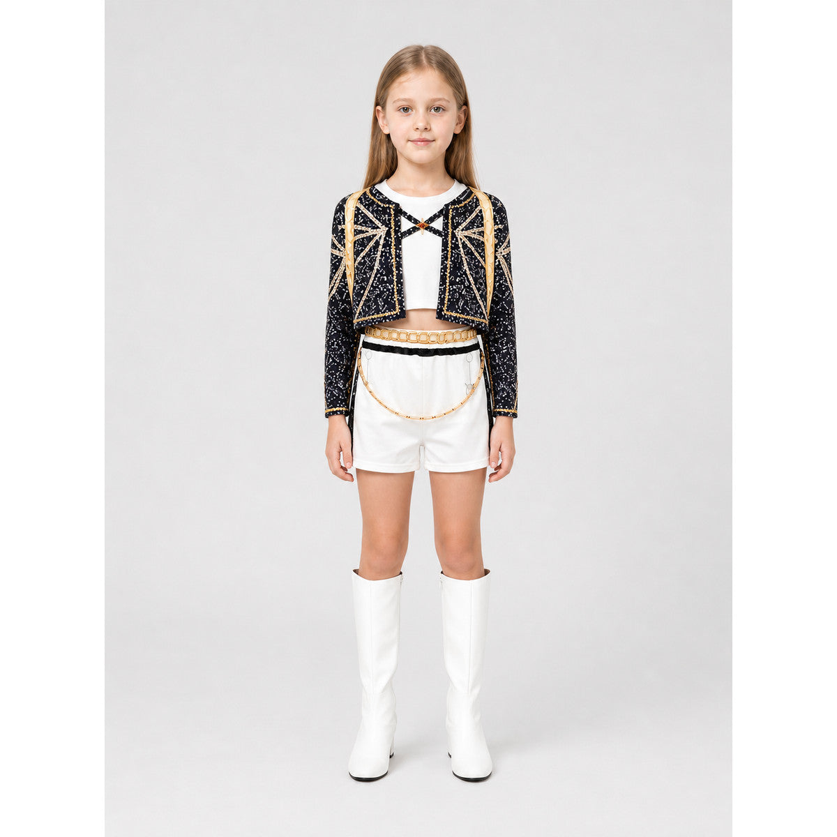 3-Piece Black, White, and Gold Cosplay Costume on-model view