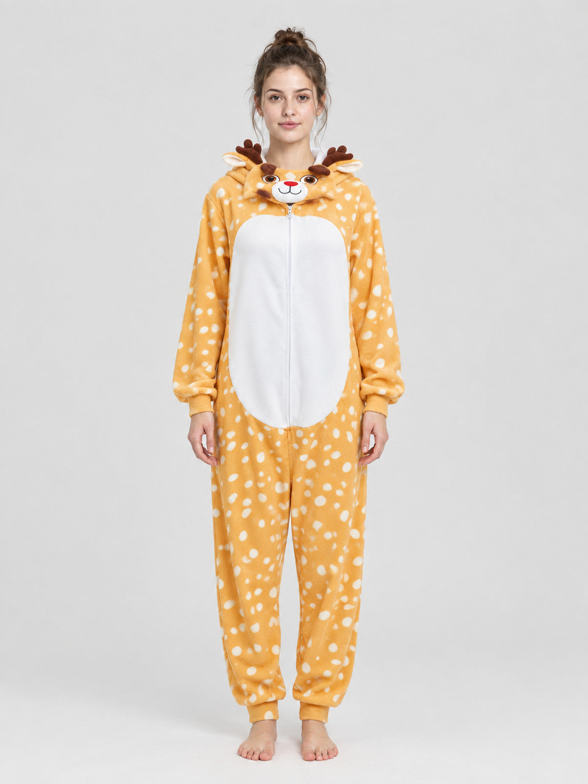 Yellow-Orange Fleece Pajama Jumpsuit with White Spots
