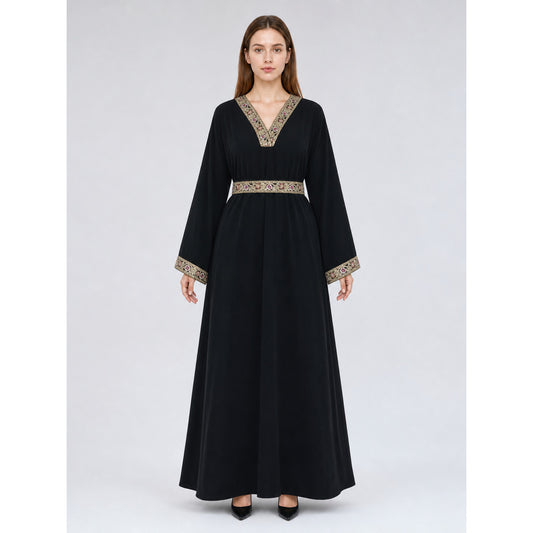 Long Dress with V-Neck and Embroidered Trim