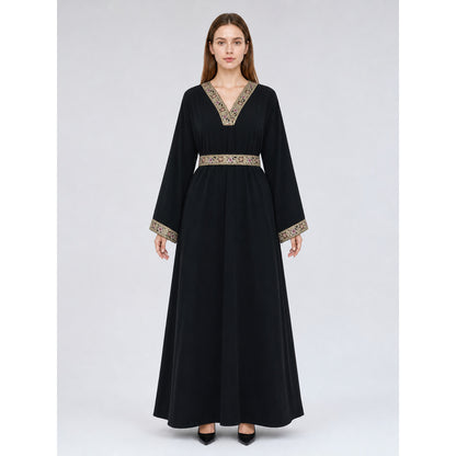 Maxi Dress with a V-Neckline and Embroidered Trim front view
