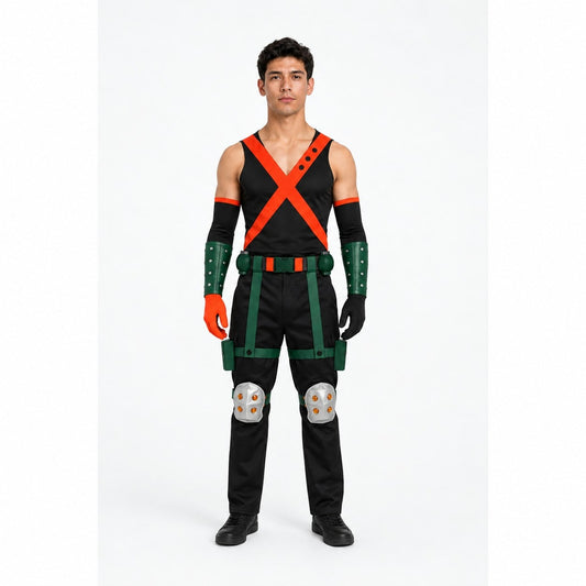 Model wearing the black hero cosplay costume: sleeveless top with orange-red X, black pants, long gloves with green cuffs, belt, thigh straps and silver knee pads, front view