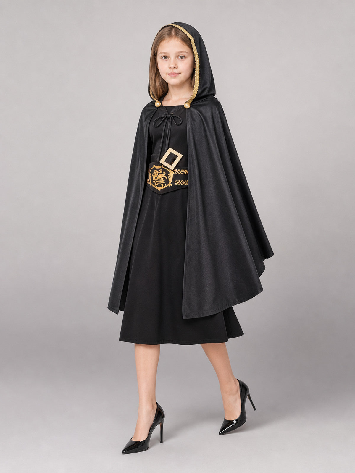 Black Carnival Cloak with Hood and Belt front view