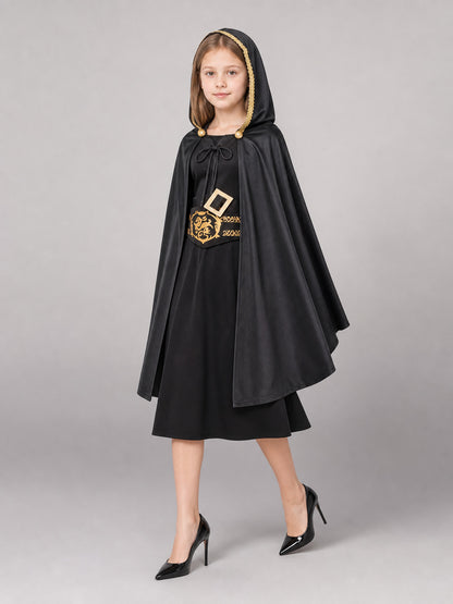 Black Carnival Cloak with Hood and Belt front view