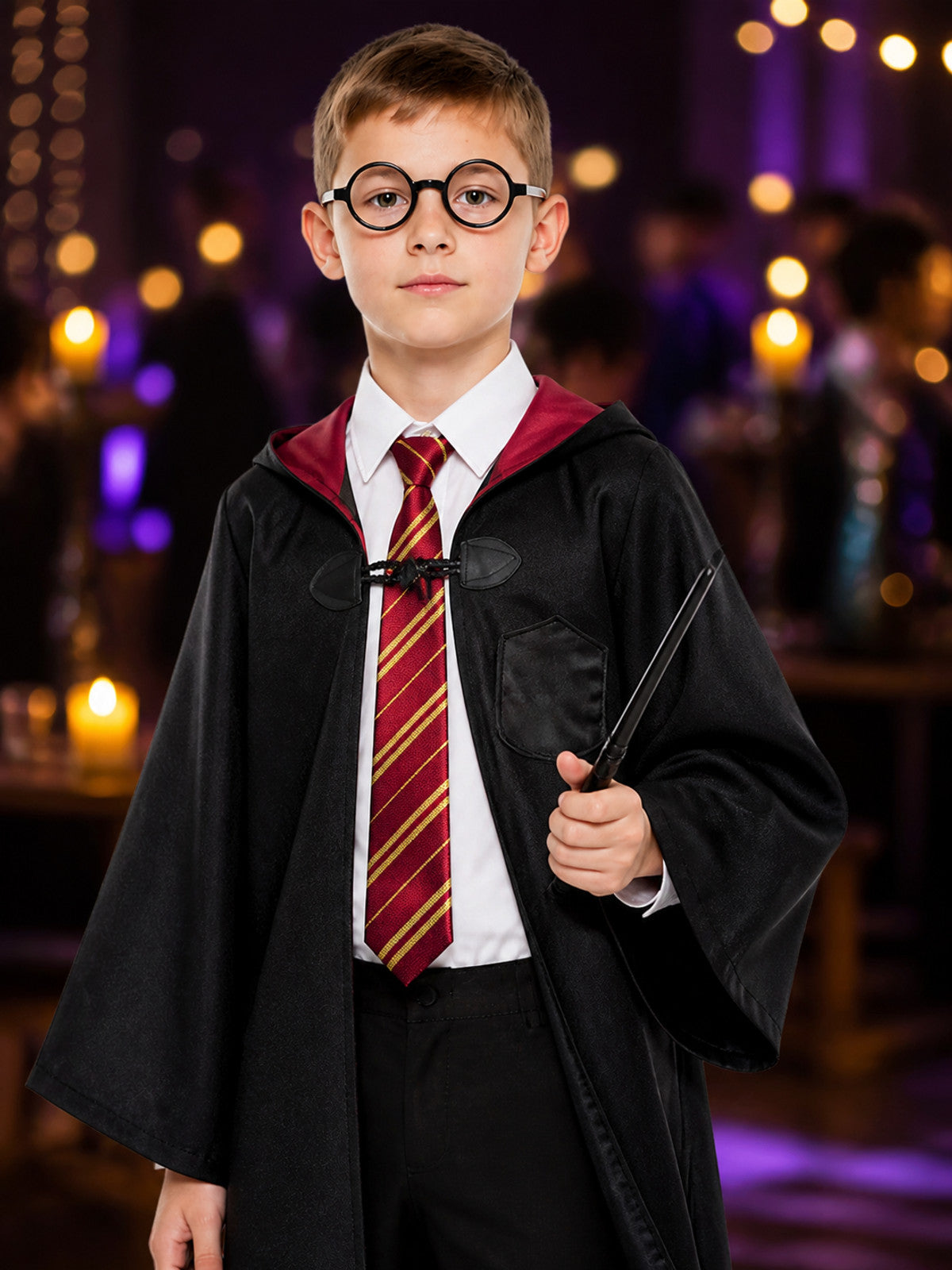 Children's Wizard Costume Set With Hooded Robe, Tie, Glasses, Shirt And Pants on-model view