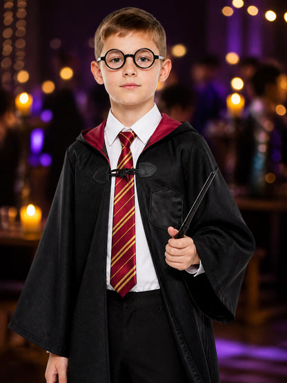 Children's Wizard Costume Set With Hooded Robe, Tie, Glasses, Shirt And Pants on-model view