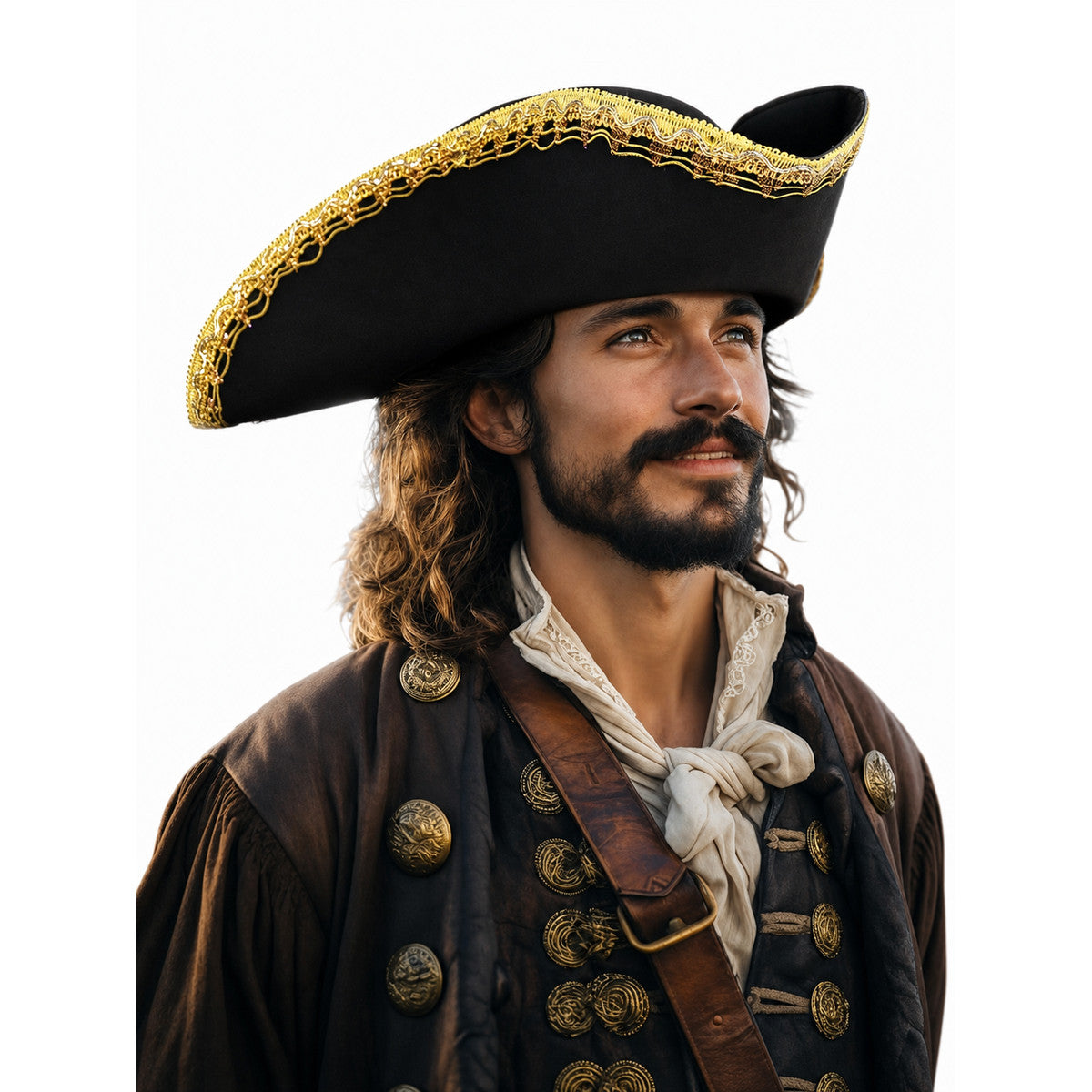 Black and Gold Trim Pirate Hat, Wide Curved Tricorn Costume Headpiece with Structured Crown for Cosplay, Costume Parties and Themed Events