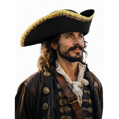 Black and Gold Trim Pirate Hat, Wide Curved Tricorn Costume Headpiece with Structured Crown for Cosplay, Costume Parties and Themed Events