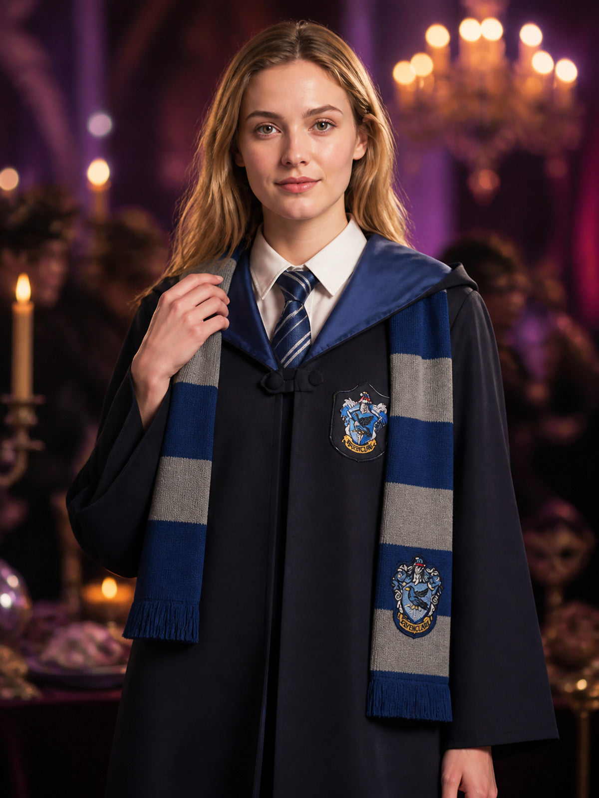 Dark Blue Academic Wizard Costume Set With Robe, Tie, And Scarf on-model view