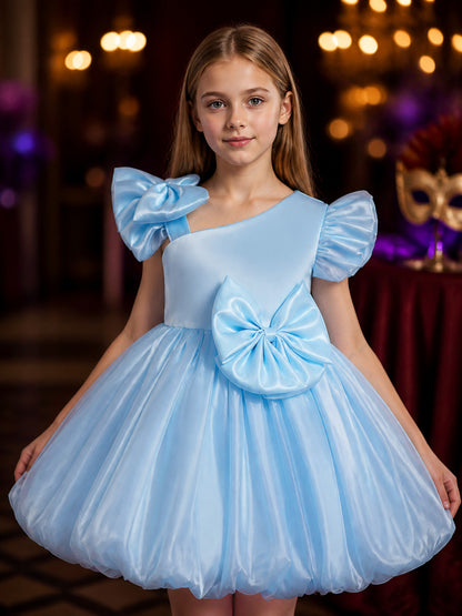 Toddler Girls' Sky Blue Princess Dress with Puff Sleeves and Bow on-model view