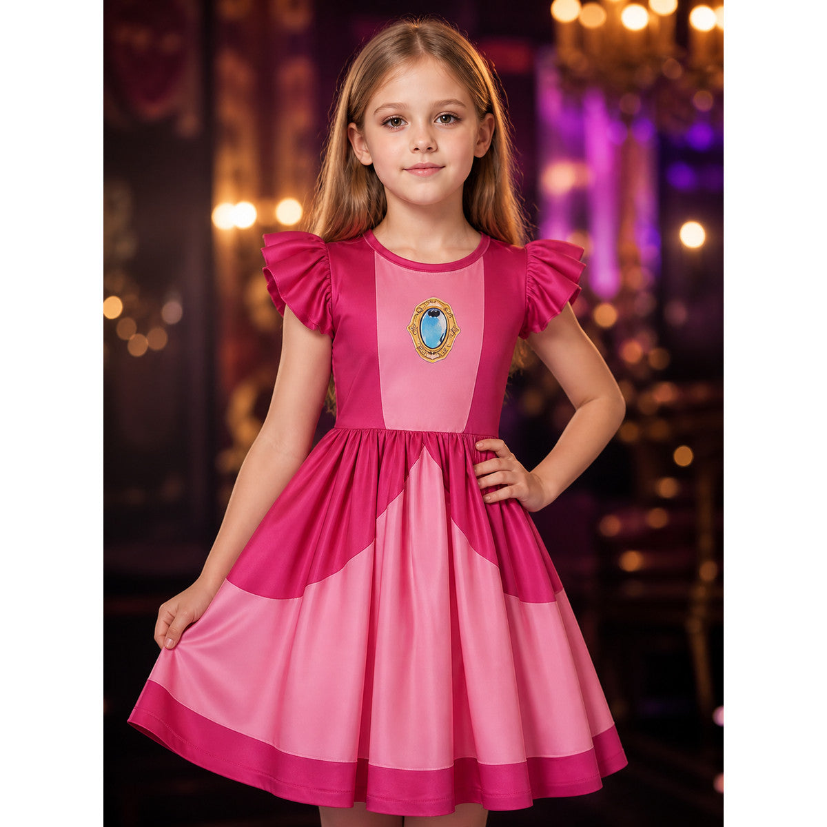 Kids Princess Peach Halloween Costume Dress with Ruffle Sleeves and Flared Skirt on-model view