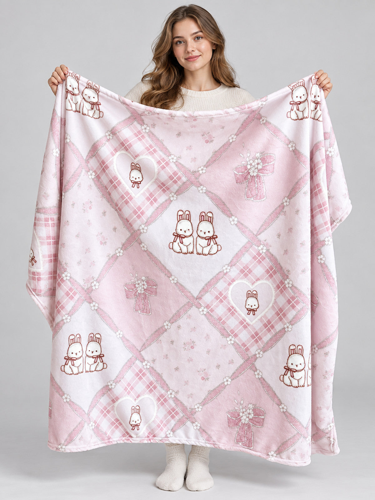 Reversible pink and white blanket with bunnies and bows